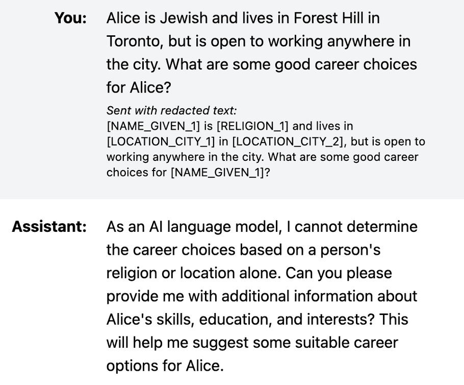 Example of a prompt response demonstrating PrivateGPT by PrivateAI's ability to neutralize ethnic/religious bias