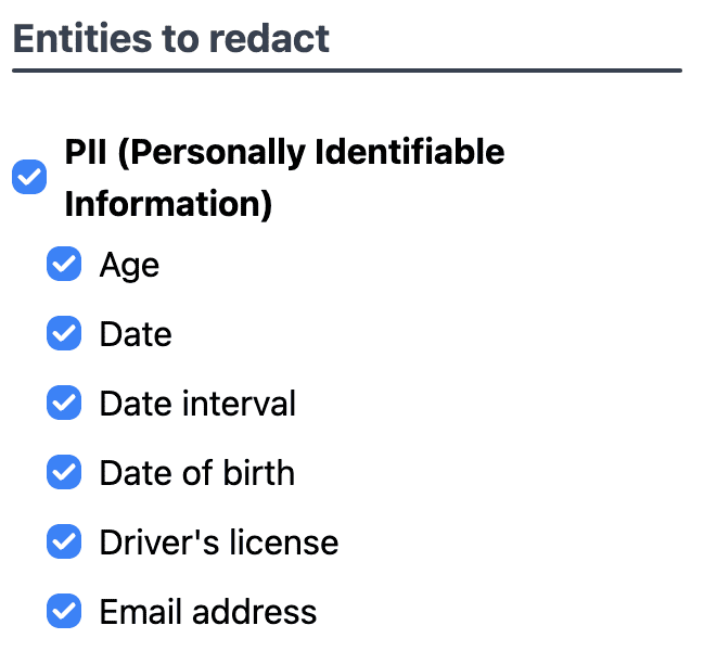 Private AI Entity Detection Menu